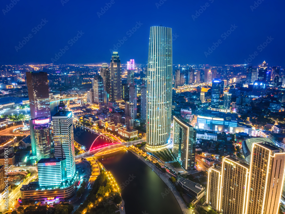 天津城市建筑景观天际线夜景航拍