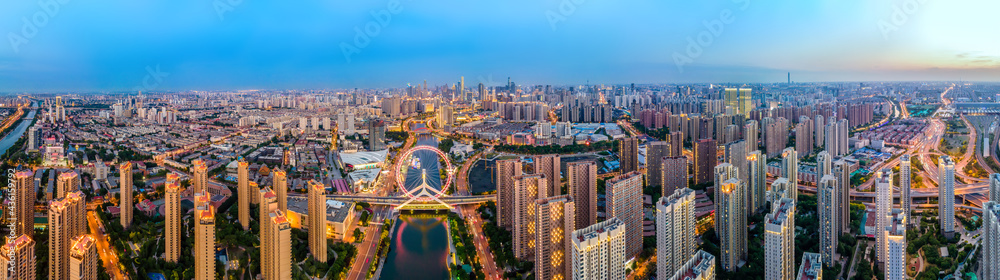 Aerial photography of skyline night scene of Tianjin urban architectural landscape