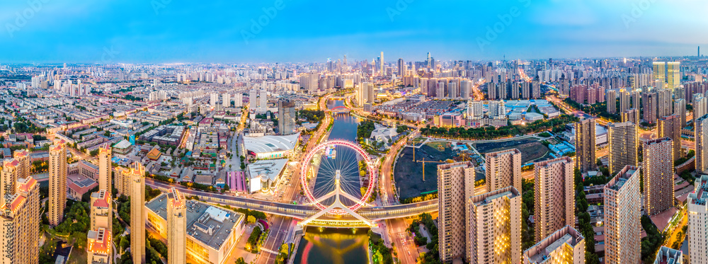 Aerial photography of skyline night scene of Tianjin urban architectural landscape