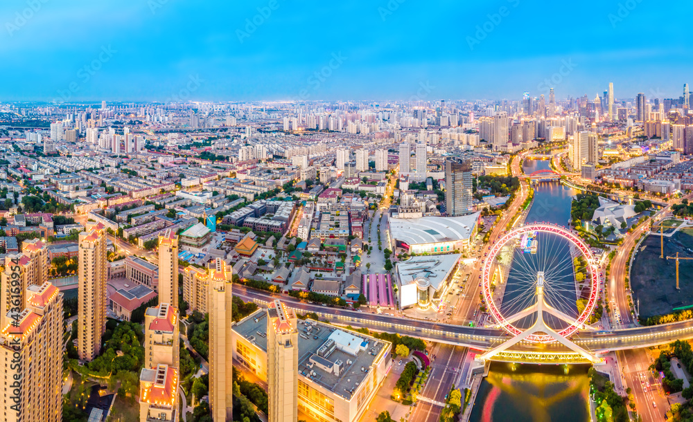 Aerial photography of skyline night scene of Tianjin urban architectural landscape