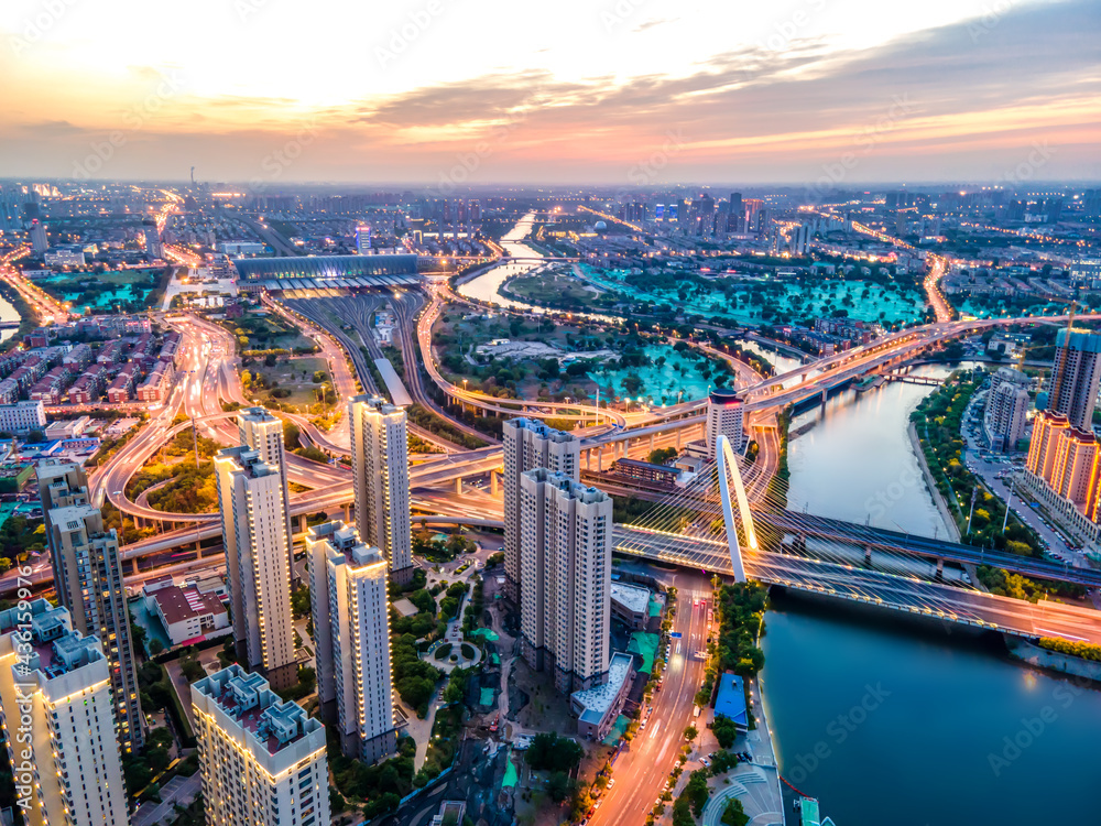 Aerial photography of skyline night scene of Tianjin urban architectural landscape