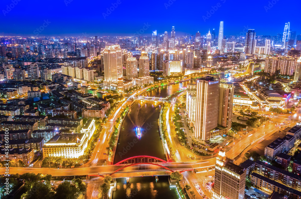 天津城市建筑景观天际线夜景航拍