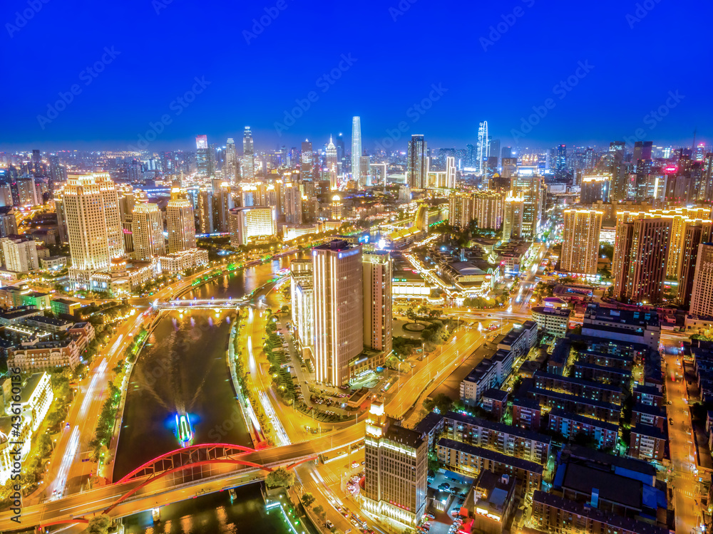 Aerial photography of skyline night scene of Tianjin urban architectural landscape