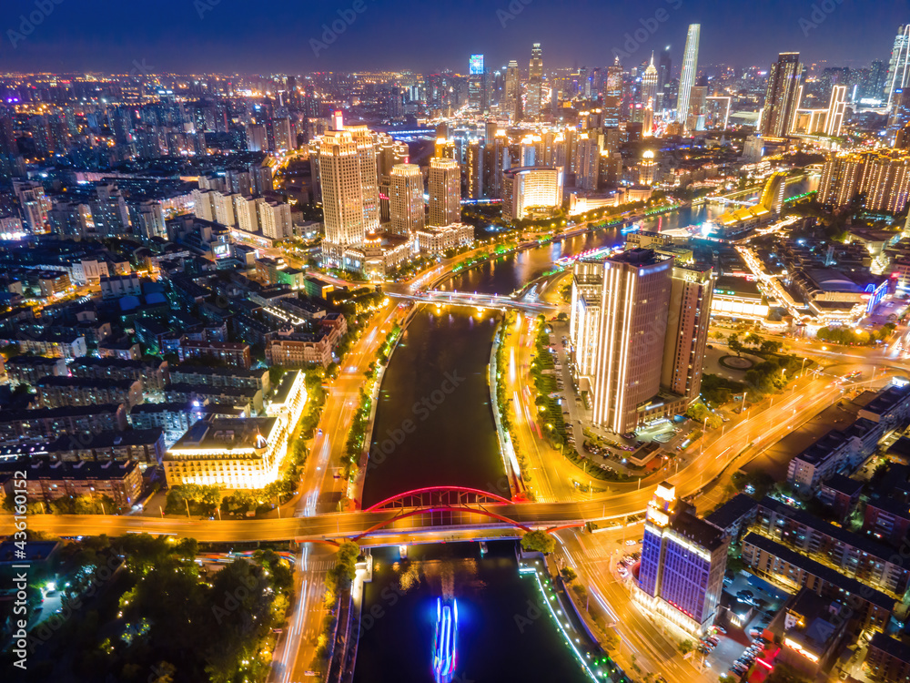 天津城市建筑景观天际线夜景航拍