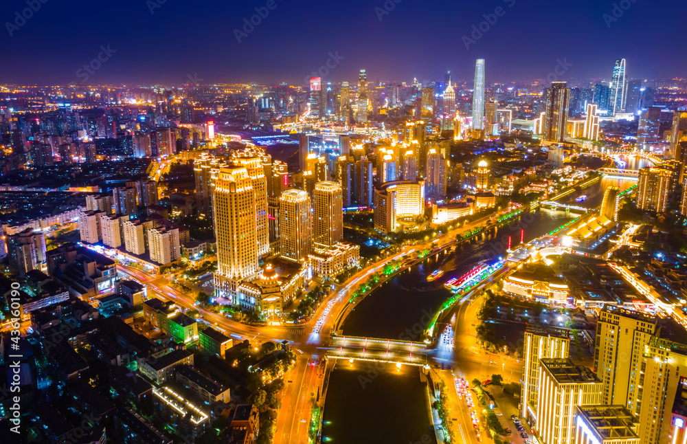 Aerial photography of skyline night scene of Tianjin urban architectural landscape