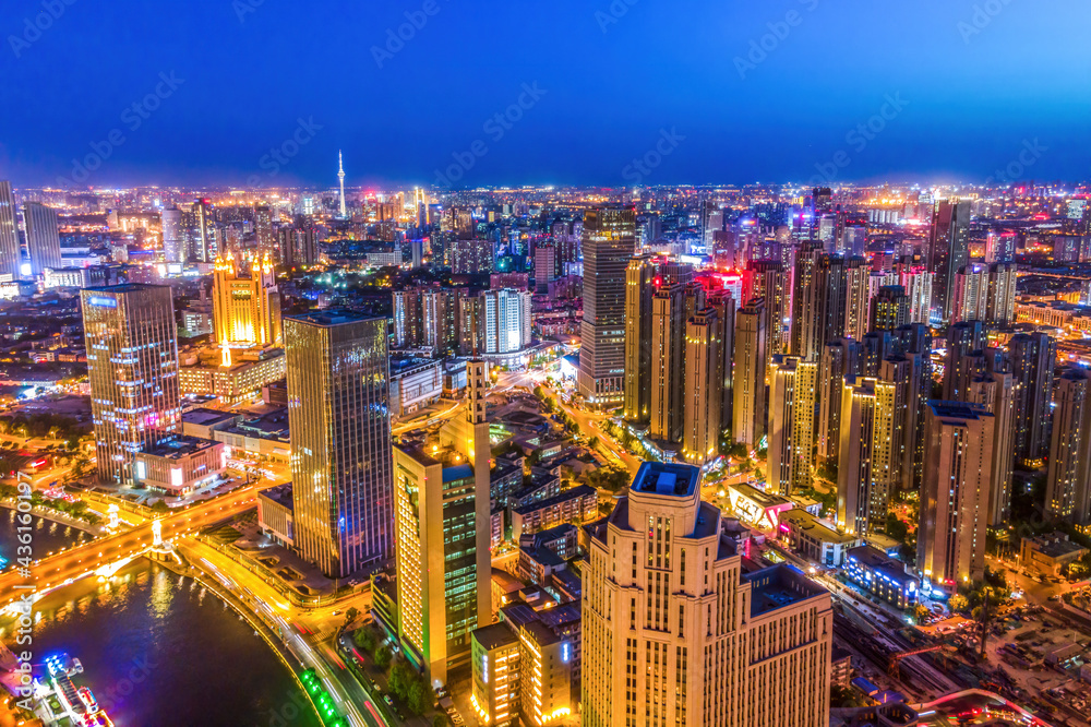 Aerial photography of skyline night scene of Tianjin urban architectural landscape