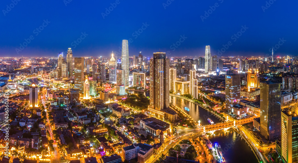 Aerial photography of skyline night scene of Tianjin urban architectural landscape