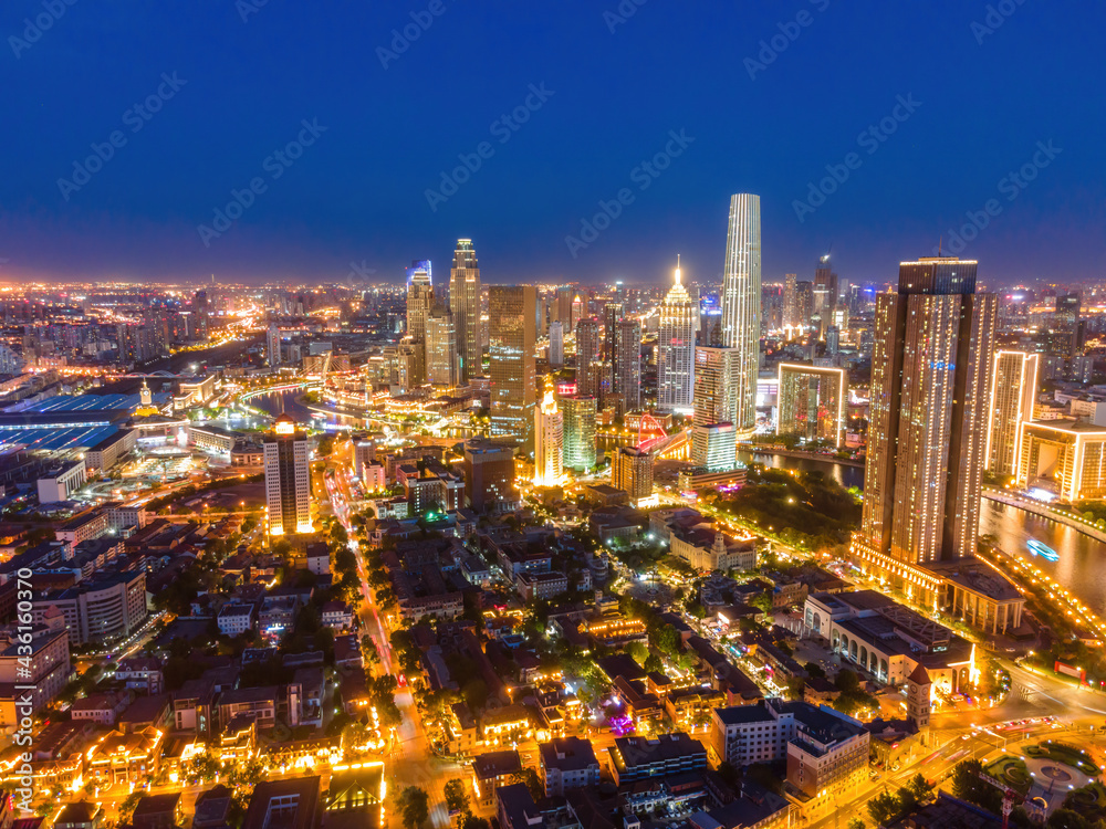 天津城市建筑景观天际线夜景航拍