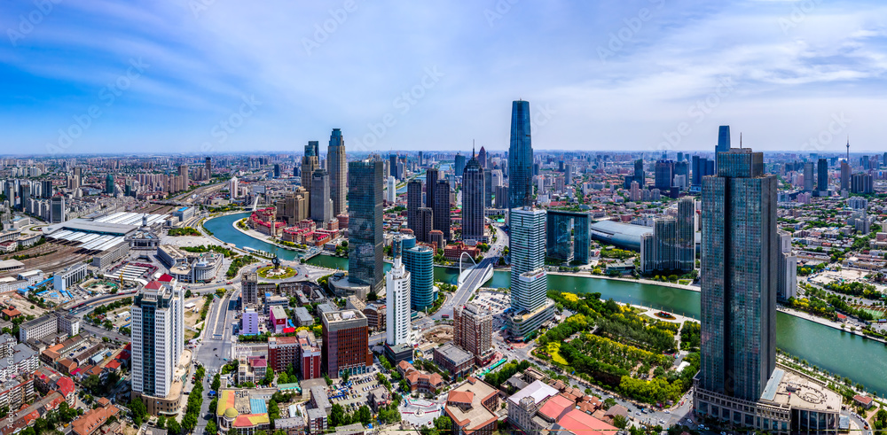 Aerial photograph of skyline of architectural landscape of Tianjin Financial Center