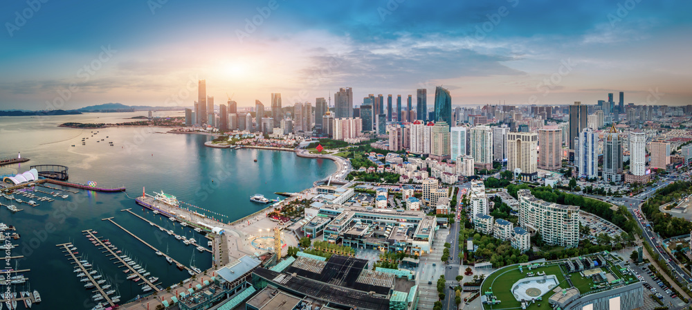 Aerial photography of architectural landscape skyline along Qingdao urban coastline