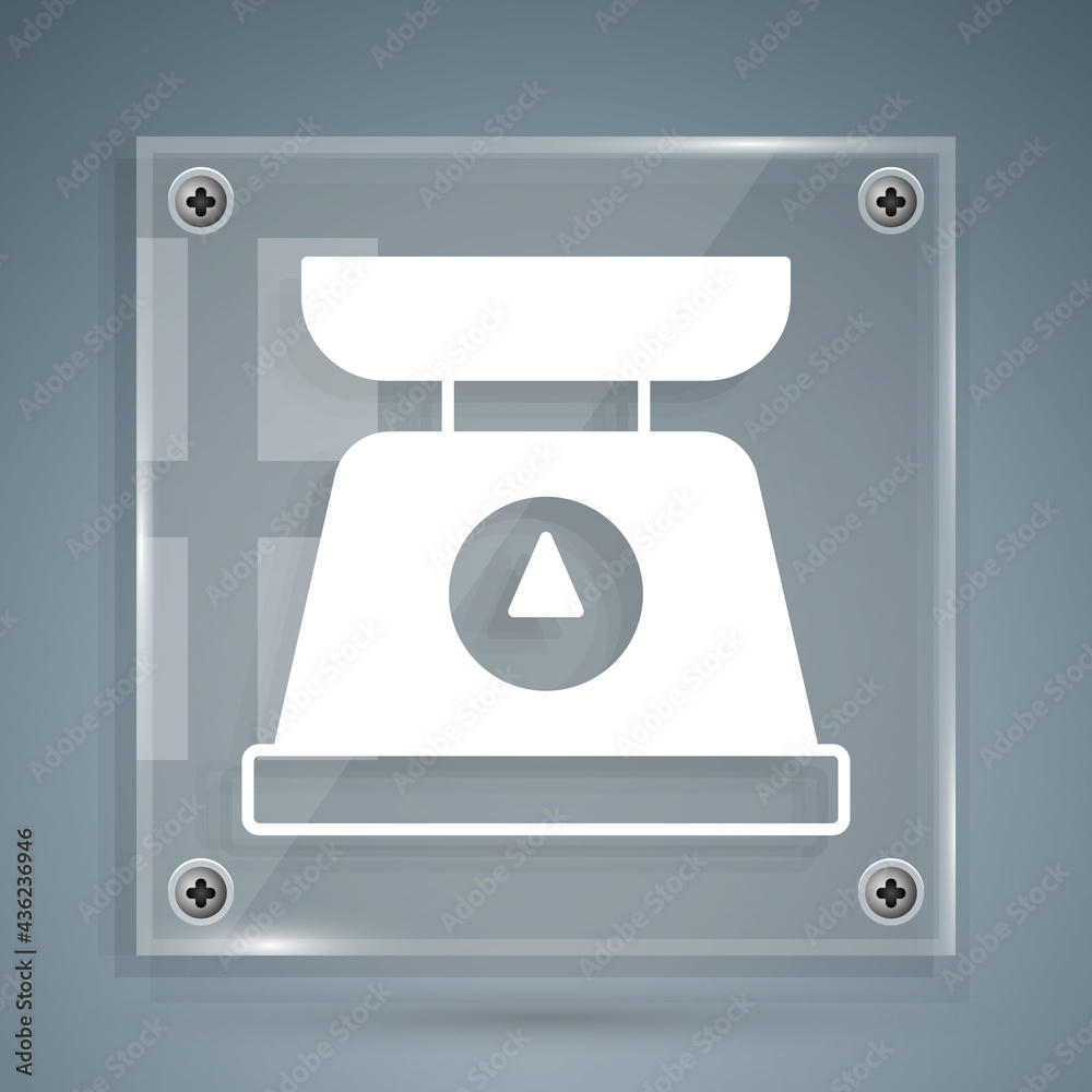 White Scales icon isolated on grey background. Weight measure equipment. Square glass panels. Vector