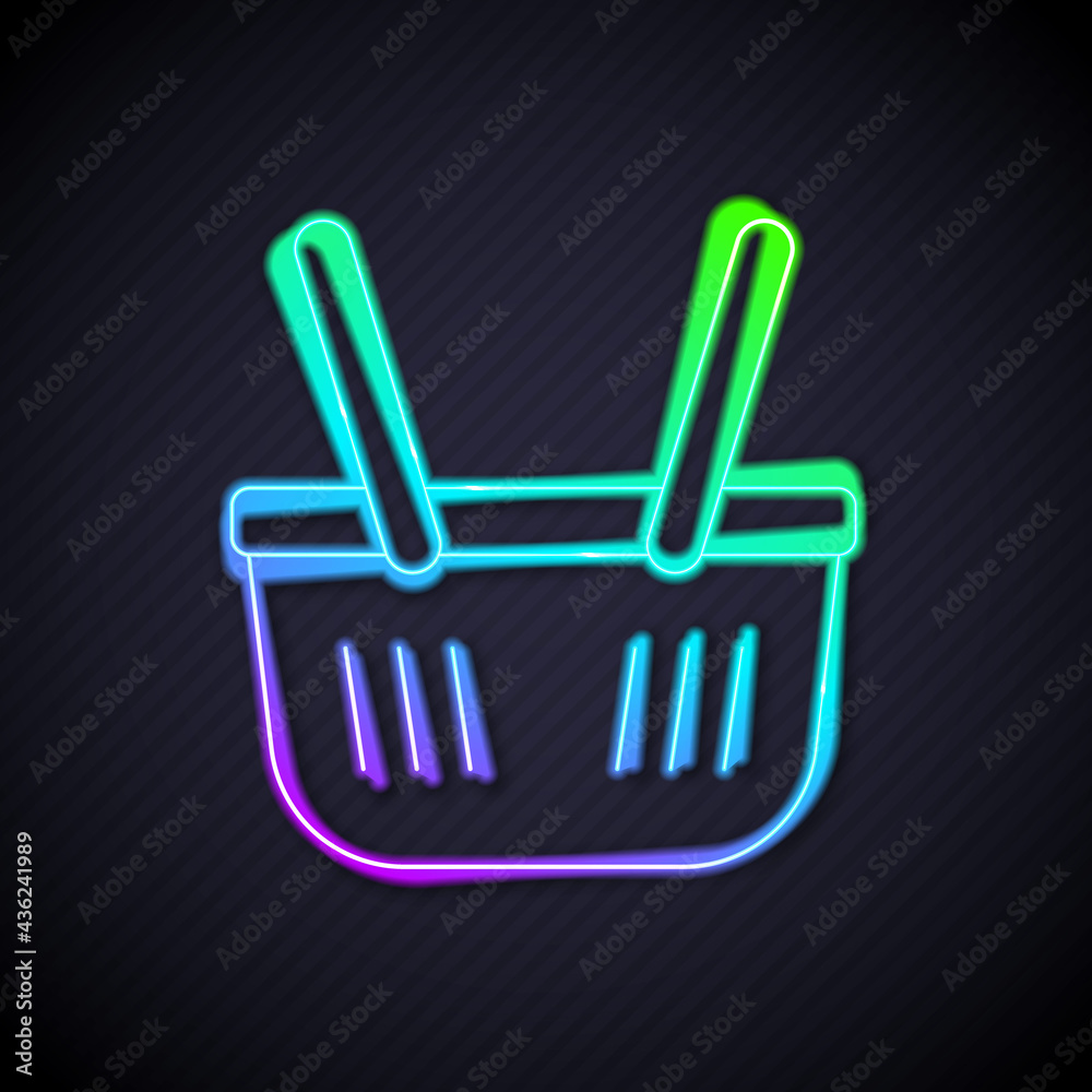 Glowing neon line Shopping basket icon isolated on black background. Online buying concept. Delivery