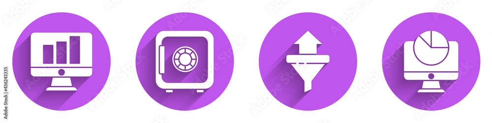 Set Monitor with graph chart, Safe, Sales funnel with arrows and Computer monitor with graph chart i