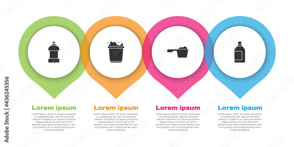 设置清洗剂瓶、泡沫桶、洗衣粉和。商业信息图模板。