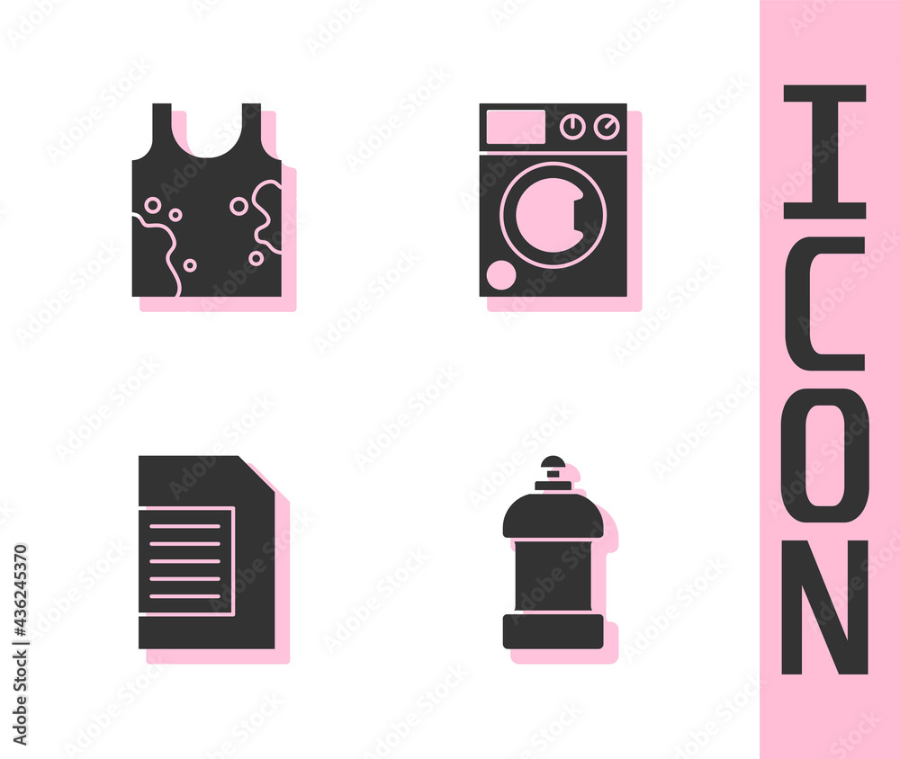 Set Bottle for cleaning agent, Dirty t-shirt, Laundry detergent and Washer icon. Vector