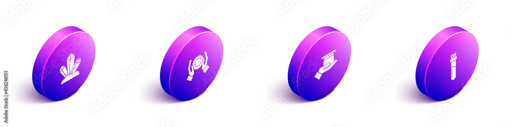 Set Isometric Magic stone, ball hand, Magician hat in and Bottle with potion icon. Vector