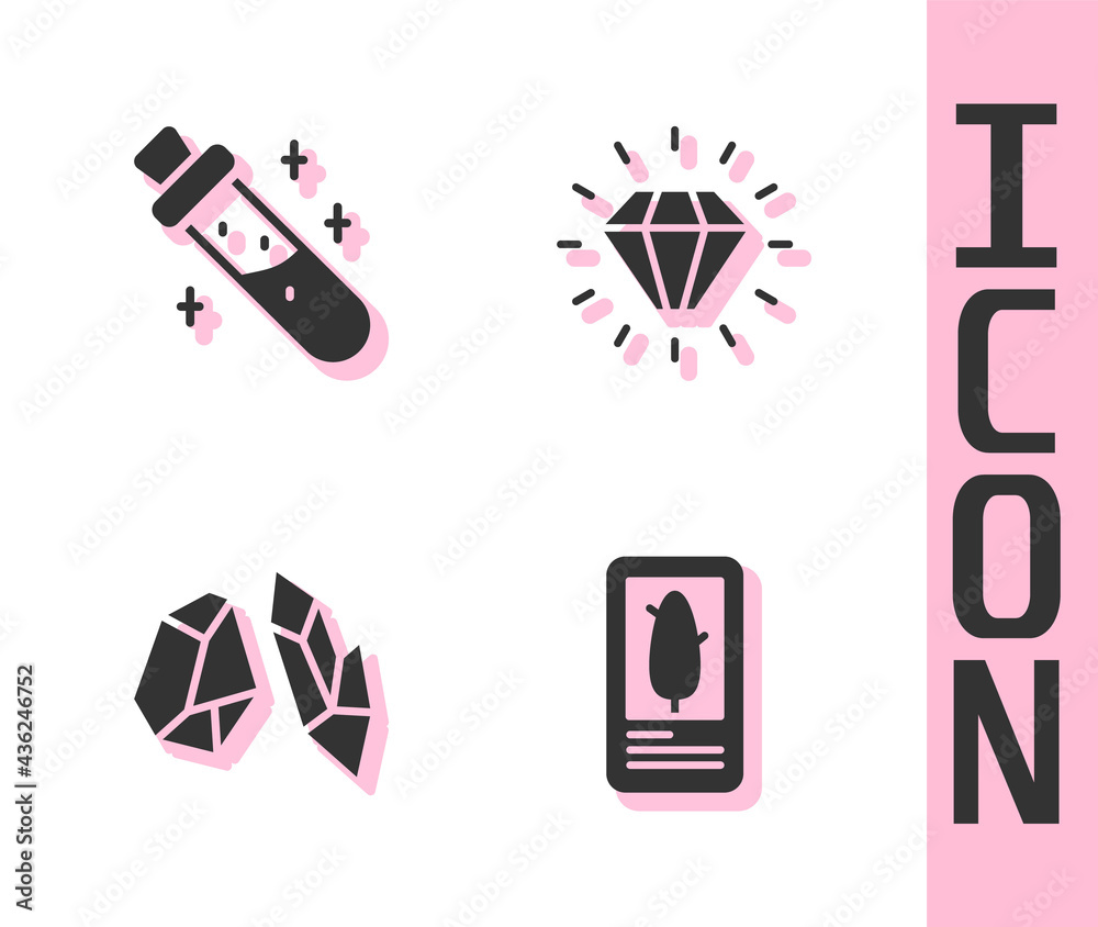 Set Tarot cards, Bottle with potion, Magic stone and Diamond icon. Vector