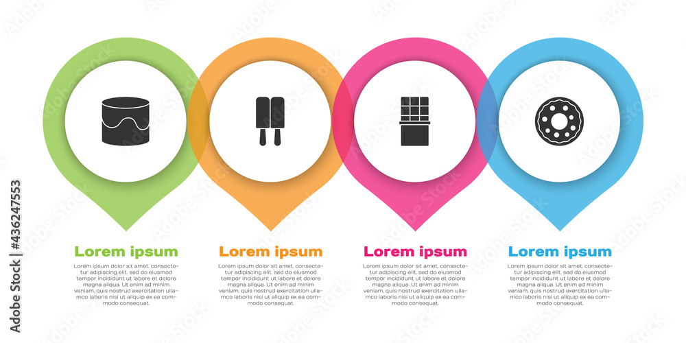套餐蛋糕、冰淇淋、巧克力棒和甜甜圈。商业信息图模板。矢量