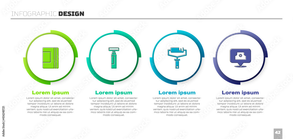 Set Spiral notebook, Marker pen, Paint roller brush and Spray can nozzle cap. Business infographic t