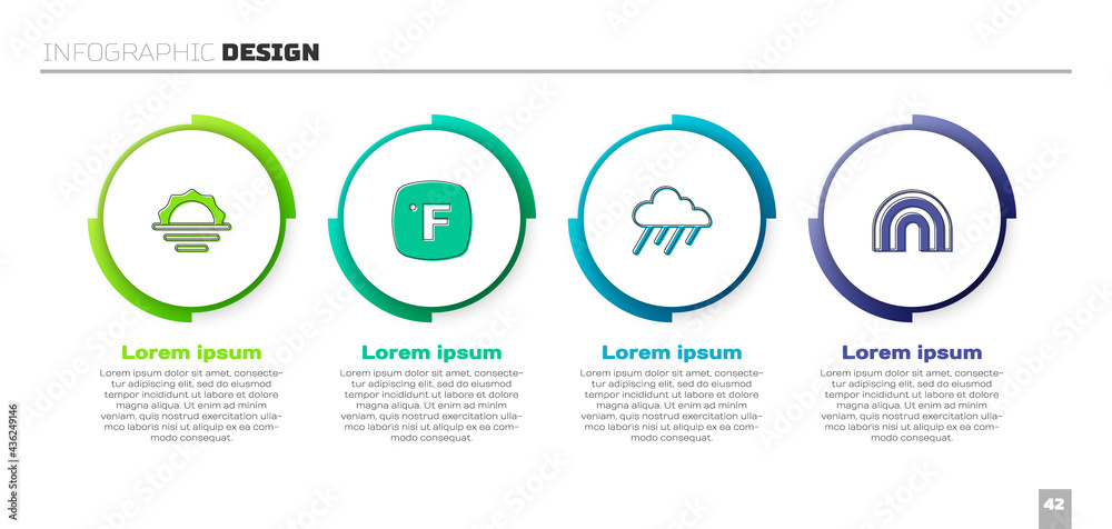 设定日出、华氏、有雨的云和彩虹。商业信息图模板。矢量