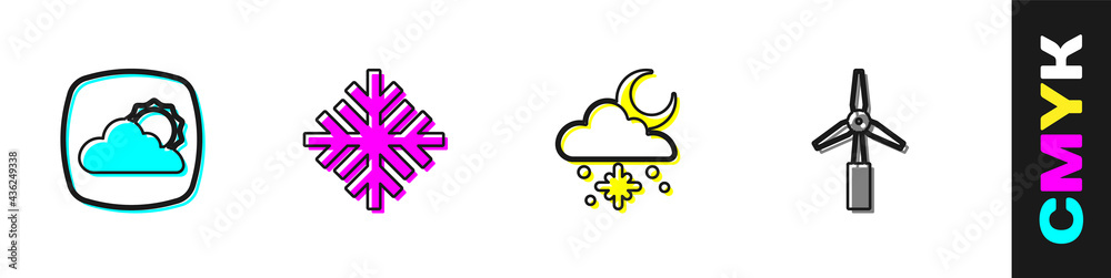 设置天气预报、雪花、有雪和阳光的云以及风力涡轮机图标。矢量