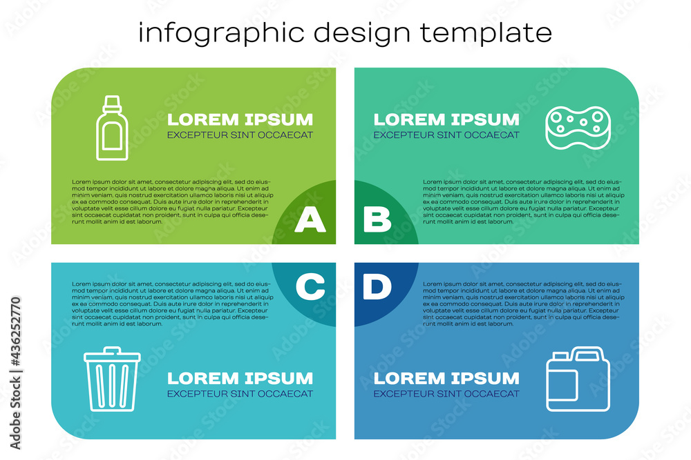 Set line Trash can, Bottle for cleaning agent, and Sponge. Business infographic template. Vector