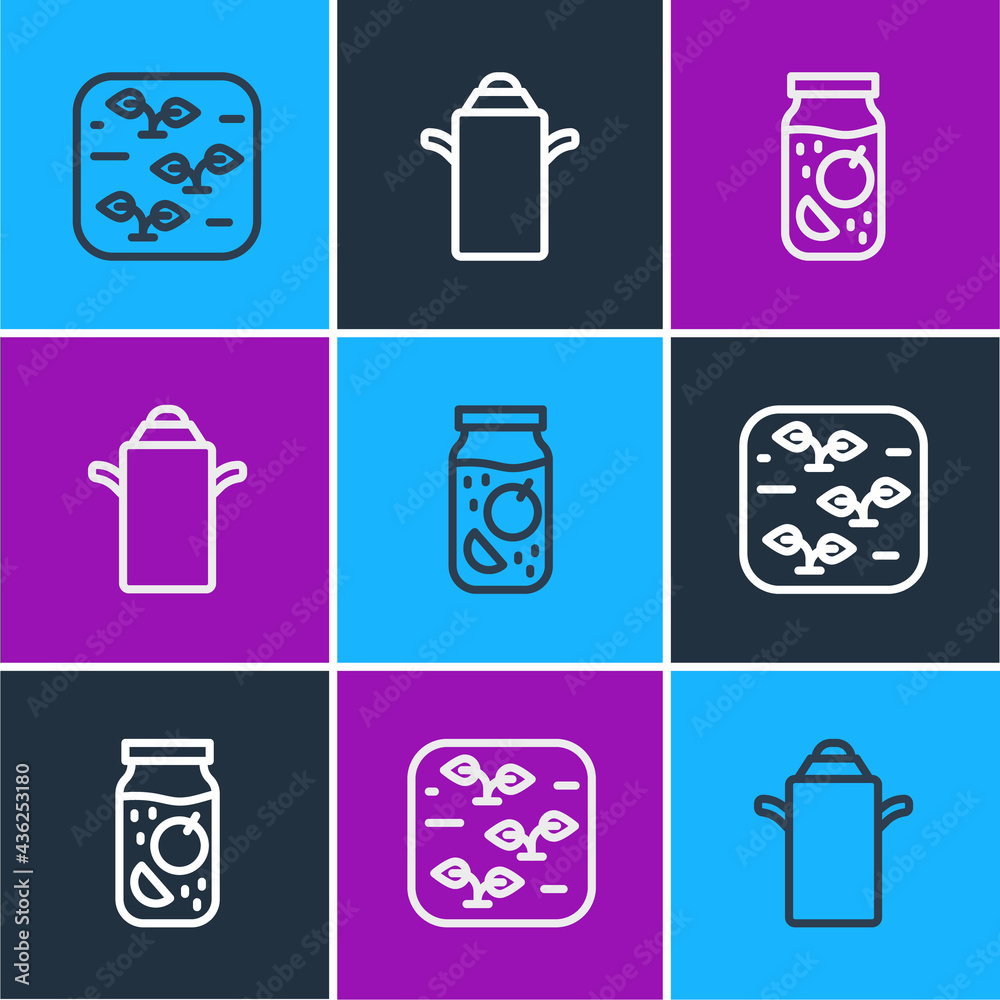 Set line Plant, Jam jar and Can container for milk icon. Vector