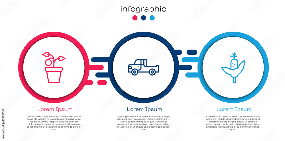 Set line Plant in pot, Pickup truck and Corn. Business infographic template. Vector