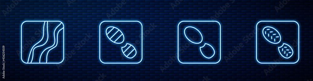 设定人类足迹鞋、蛇爪和。砖墙上闪闪发光的霓虹灯图标。矢量