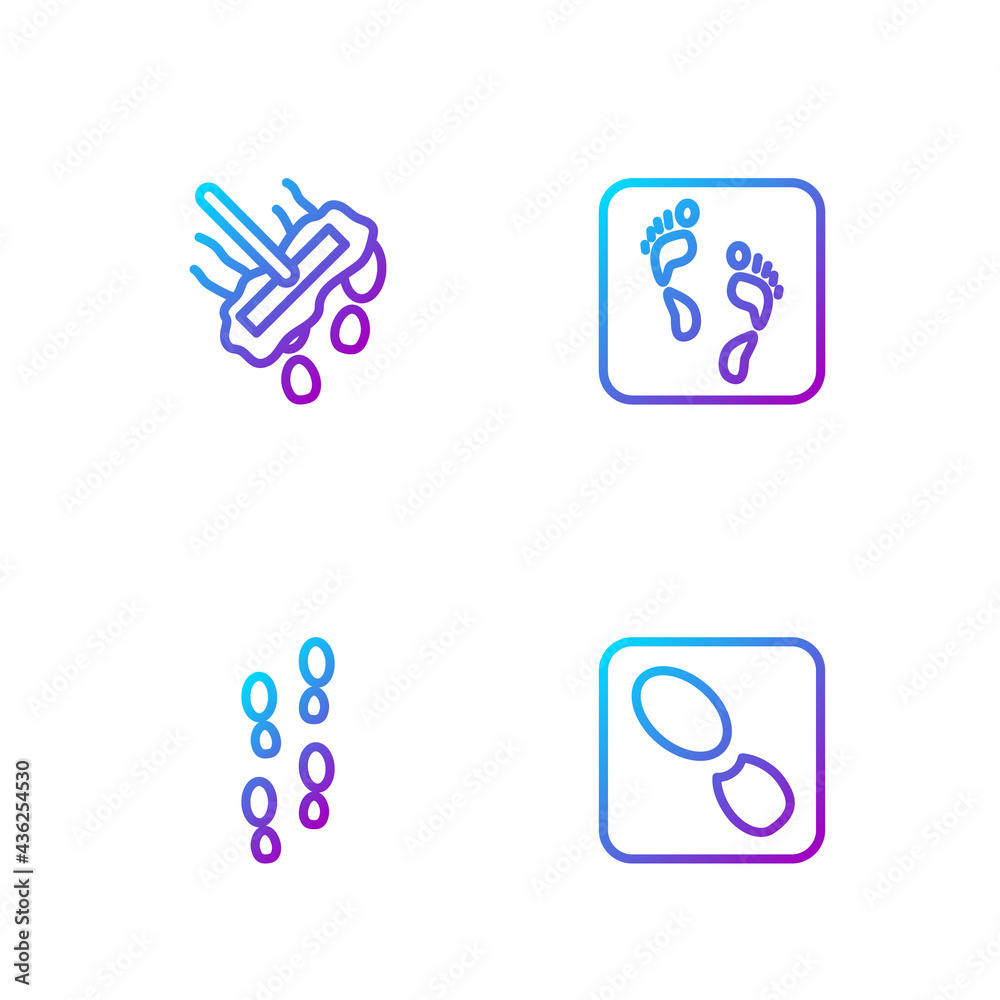 Set line Human footprints shoes, , Mop and . Gradient color icons. Vector