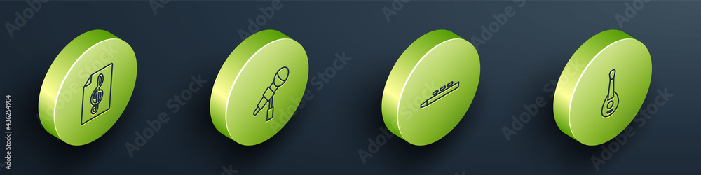 Set Isometric line Treble clef, Microphone, Drum and drum sticks and Guitar icon. Vector