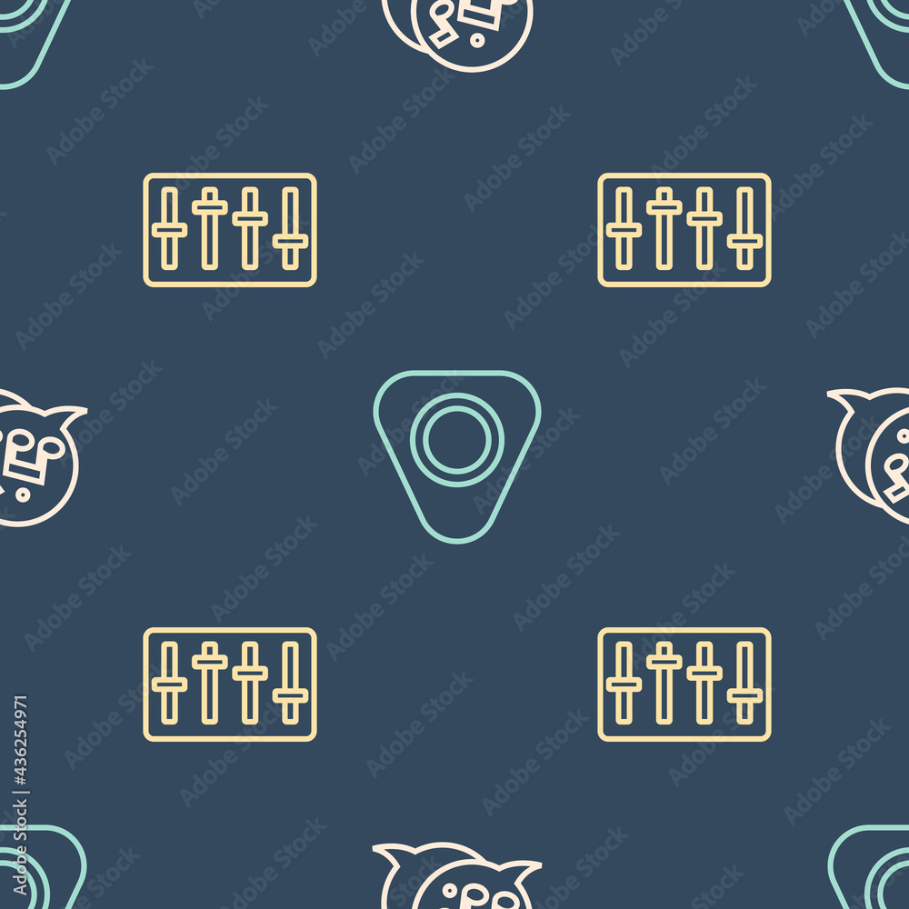 Set line Music note, tone, Sound mixer controller and Guitar pick on seamless pattern. Vector