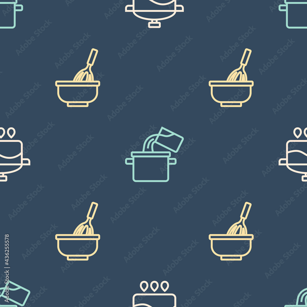 Set line Cooking pot, Kitchen whisk with bowl and on seamless pattern. Vector