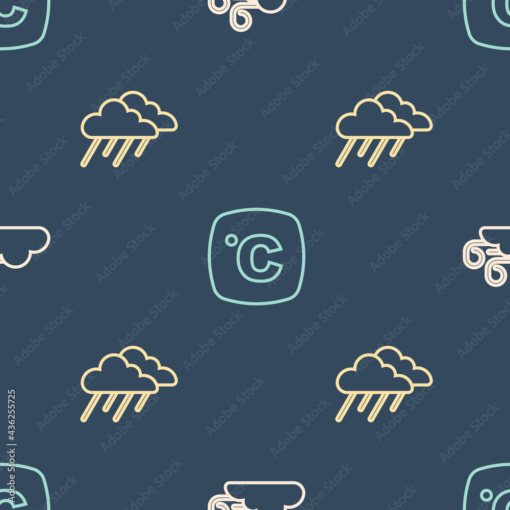 Set line Windy weather, Cloud with rain and Celsius on seamless pattern. Vector