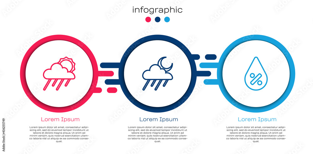 设定降雨、太阳、月亮和水滴百分比的云线。商业信息图模板。Vec