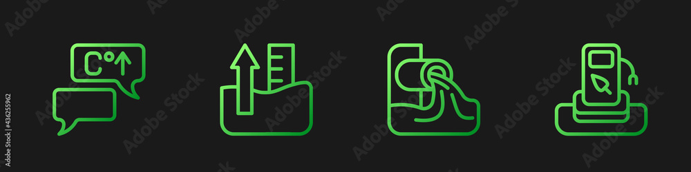 设置废水、全球变暖、水位上升和加油站。渐变色图标。Vec