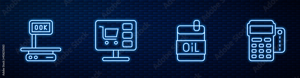 Set line Bottle of olive oil, Electronic scales, Shopping cart computer and POS terminal with credit