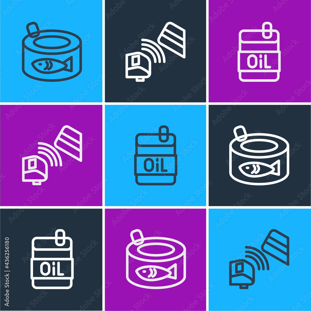 Set line Canned fish, Bottle of olive oil and POS terminal with credit card icon. Vector