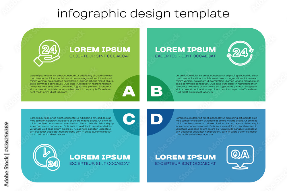 Set line Clock 24 hours, Telephone support, Question and Answer and . Business infographic template.