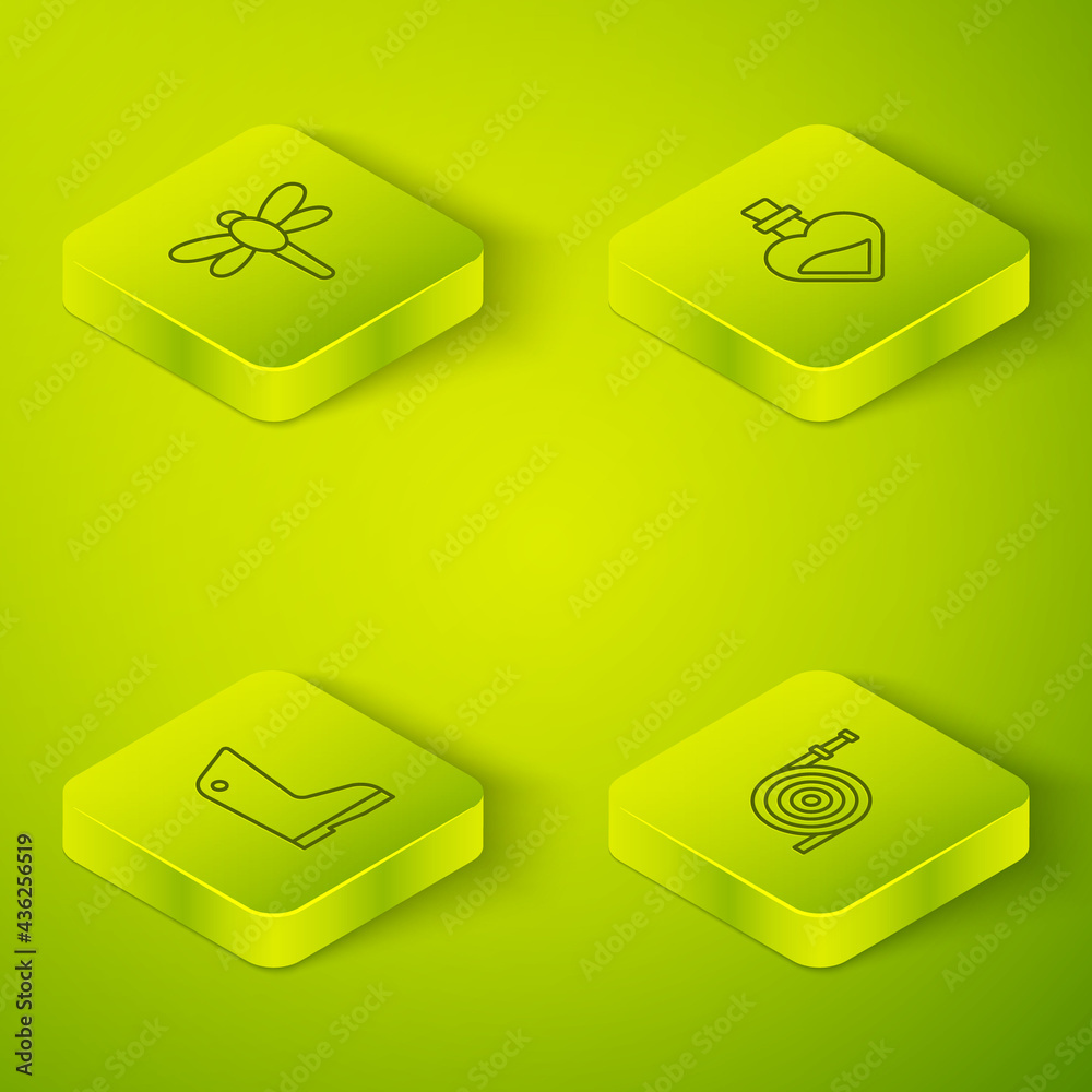 Set Isometric line Bottle with love potion, Rubber gloves, Garden hose and Dragonfly icon. Vector