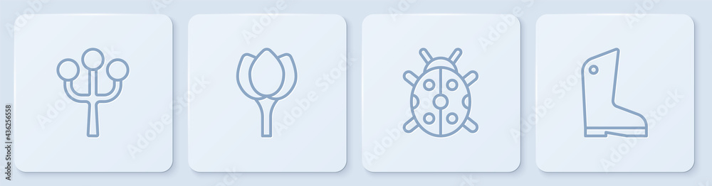 Set line Blossom tree branch, Ladybug, Flower tulip and Rubber gloves. White square button. Vector