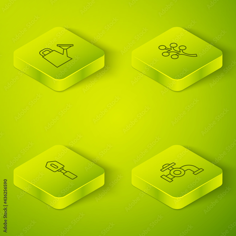 Set Isometric line Blossom tree branch, Shovel, Water tap and Watering can icon. Vector