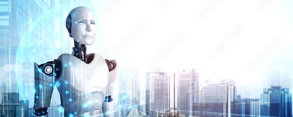 3D illustration robot humanoid looking forward against cityscape skyline . Concept of leadership, id