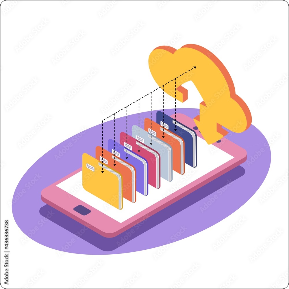 云存储下载等角矢量插图三维。带数据传输的数字服务或应用程序