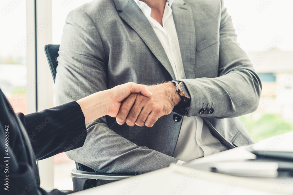 Businessman executive handshake with businesswoman worker in modern workplace office. People corpora