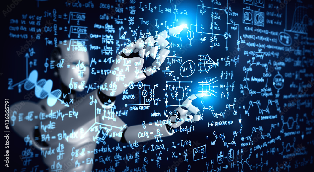 AI humanoid robot touch screen of mathematics formula and science equation by using artificial intel