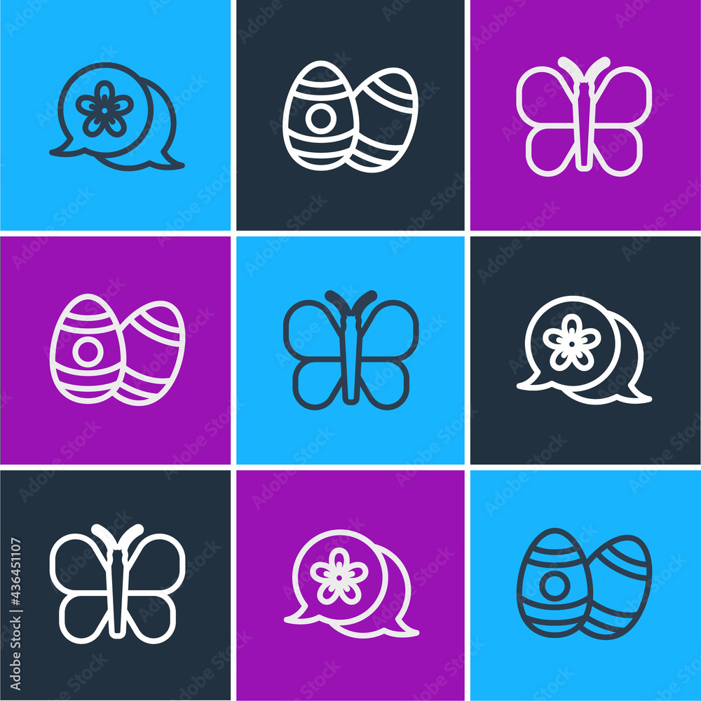 Set line Flower, Butterfly and Easter egg icon. Vector