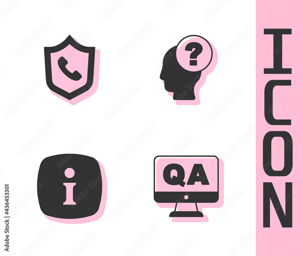 Set Question and Answer, Telephone 24 hours support, Information and Head with question mark icon. V