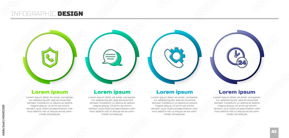设置电话24小时支持、语音气泡聊天和时钟。商业信息图模板。矢量