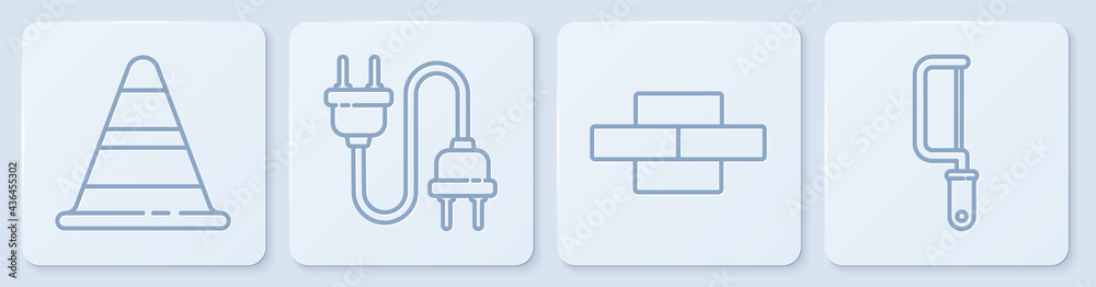 设置线路交通锥、砖块、电插头和钢锯。白色方形按钮。矢量